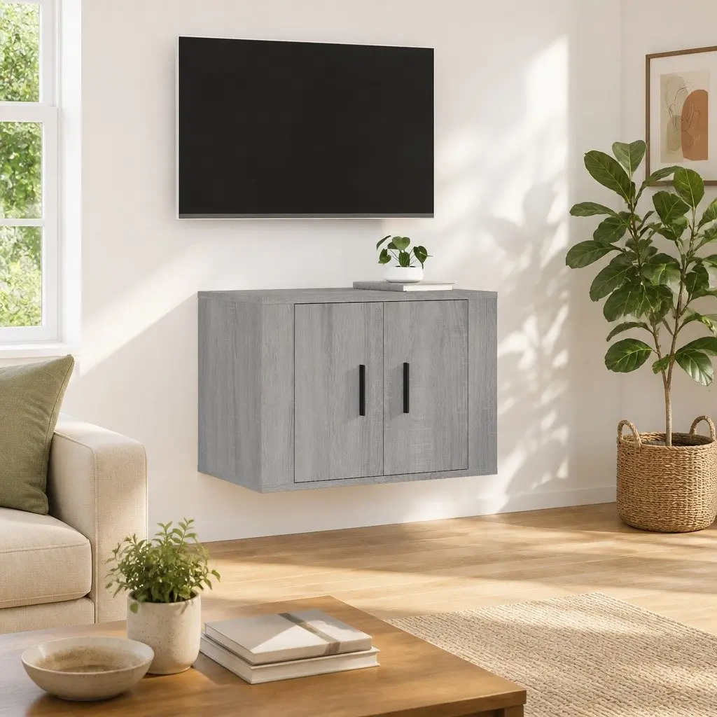 Wall Mounted TV Cabinet Grey Engineered Wood Storage Unit 57 x 34.5 x 40 cm