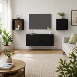 Black Wall Mounted TV Cabinet with Storage Shelves