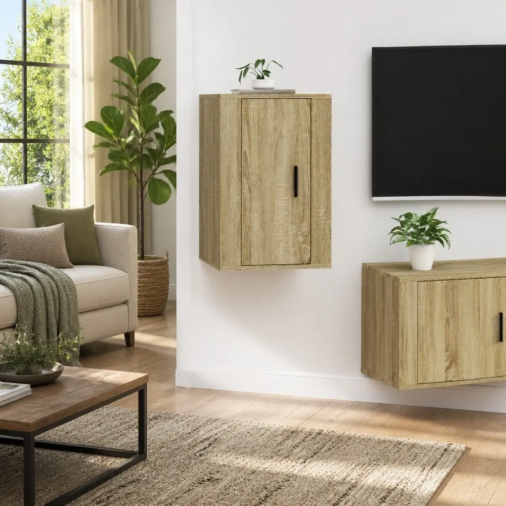 Wall Mounted TV Stand Brown Engineered Wood Display Unit Compact Size Media Storage