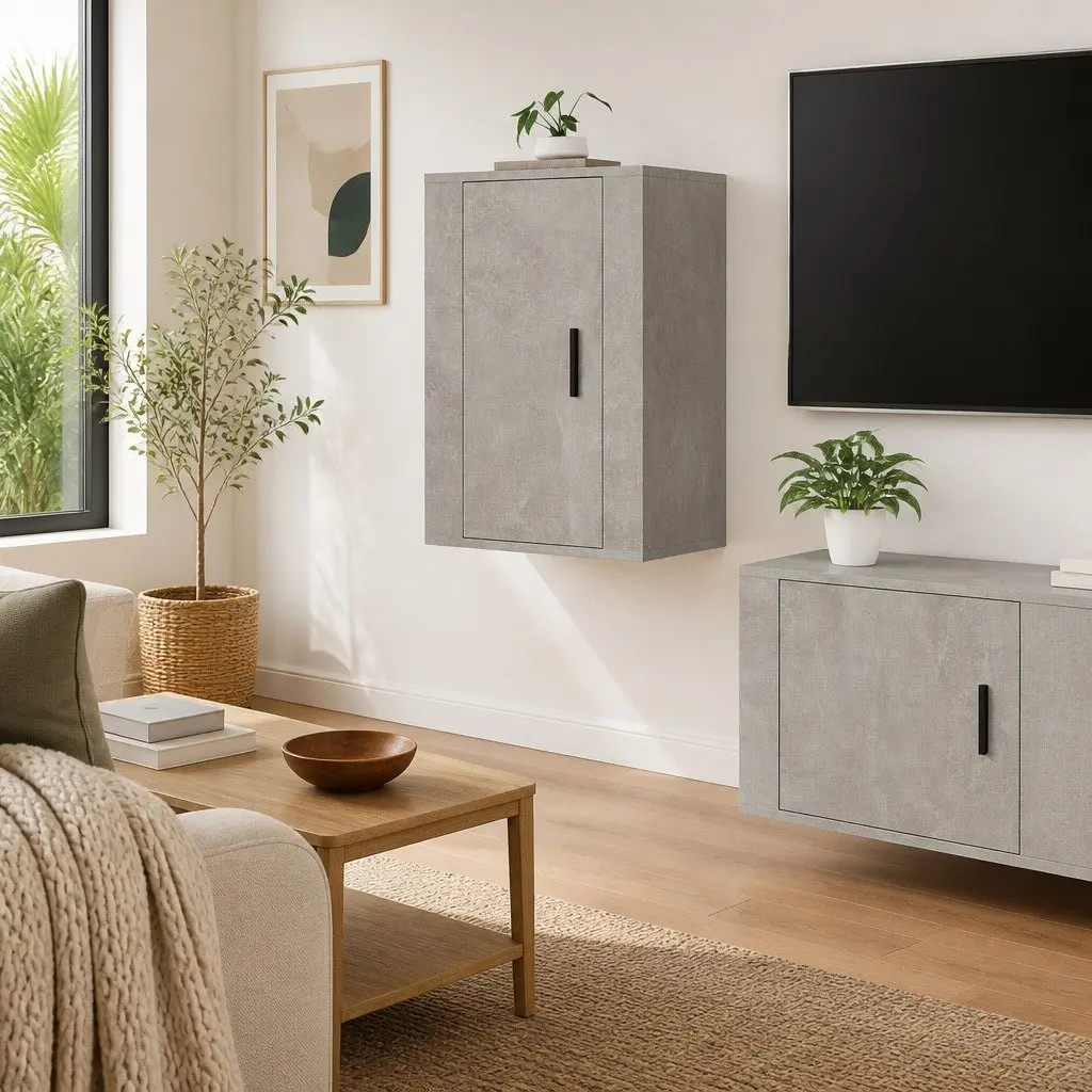 Wall Mounted TV Cabinet Grey Media Storage Unit Floating Shelf Engineered Wood 40 x 34.5 x 60 cm
