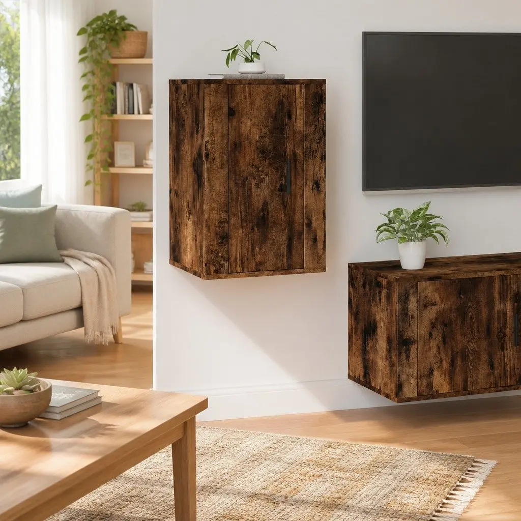 Wall Mounted Media Storage Unit Brown Smoked Oak Floating TV Cabinet 40x34.5x60cm Engineered Wood