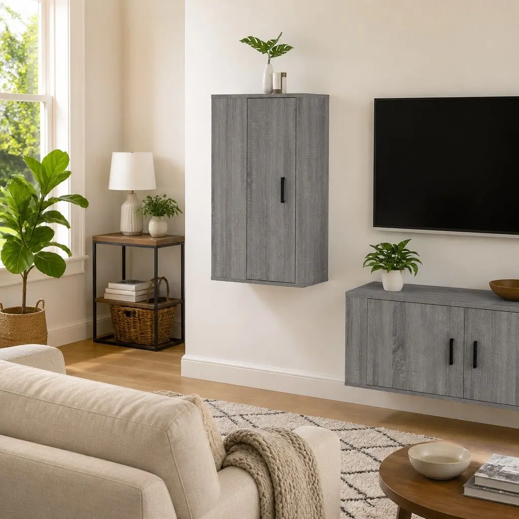 Wall Mounted TV Cabinet Grey Engineered Wood 3 Compartments Storage Unit