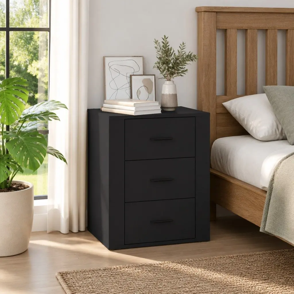 Black Bedside Table Engineered Wood 50x36x60 cm Nightstand with 3 Drawers Storage
