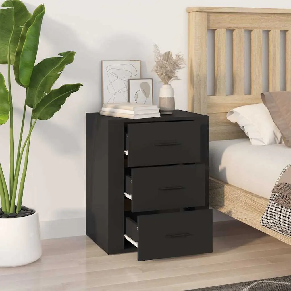 Black Bedside Table Engineered Wood 50x36x60 cm Nightstand with 3 Drawers Storage