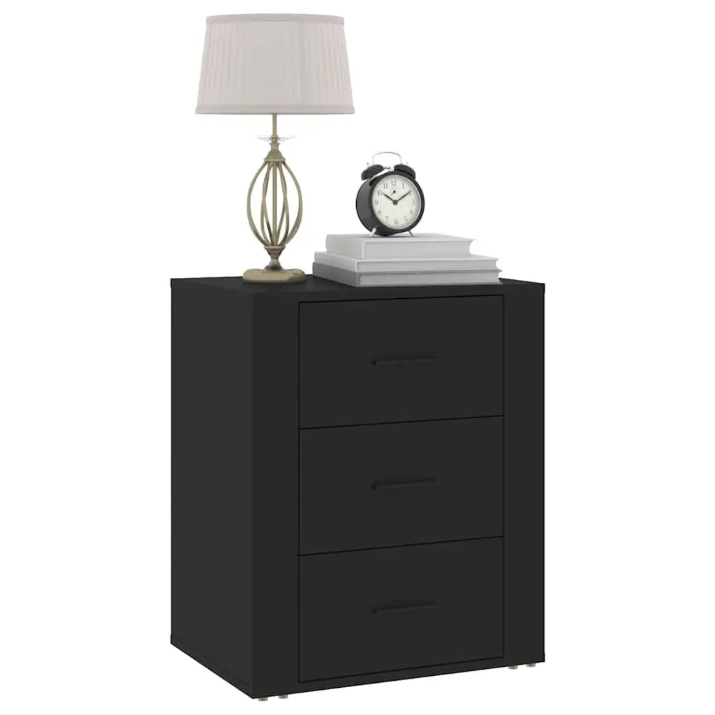 Black Bedside Table Engineered Wood 50x36x60 cm Nightstand with 3 Drawers Storage
