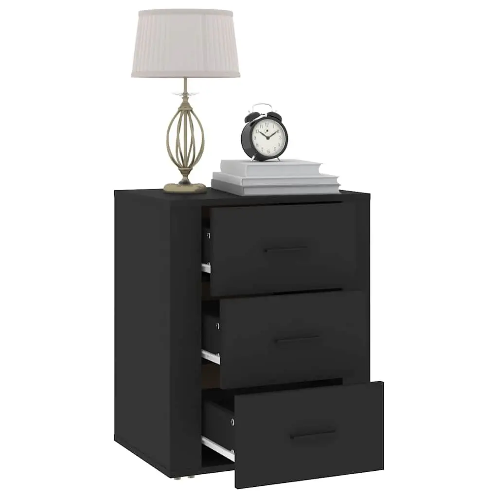 Black Bedside Table Engineered Wood 50x36x60 cm Nightstand with 3 Drawers Storage