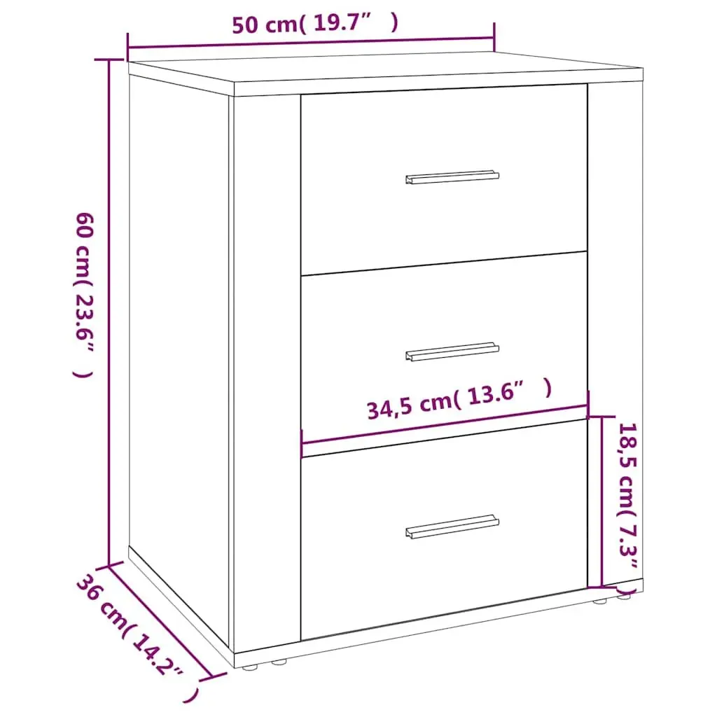 Black Bedside Table Engineered Wood 50x36x60 cm Nightstand with 3 Drawers Storage