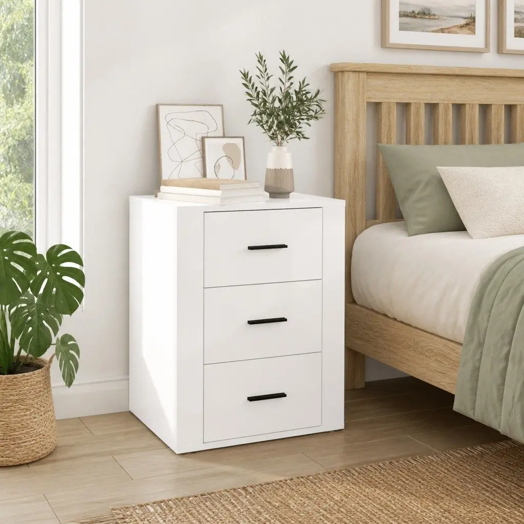 High Gloss White 3-Drawer Bedside Cabinet