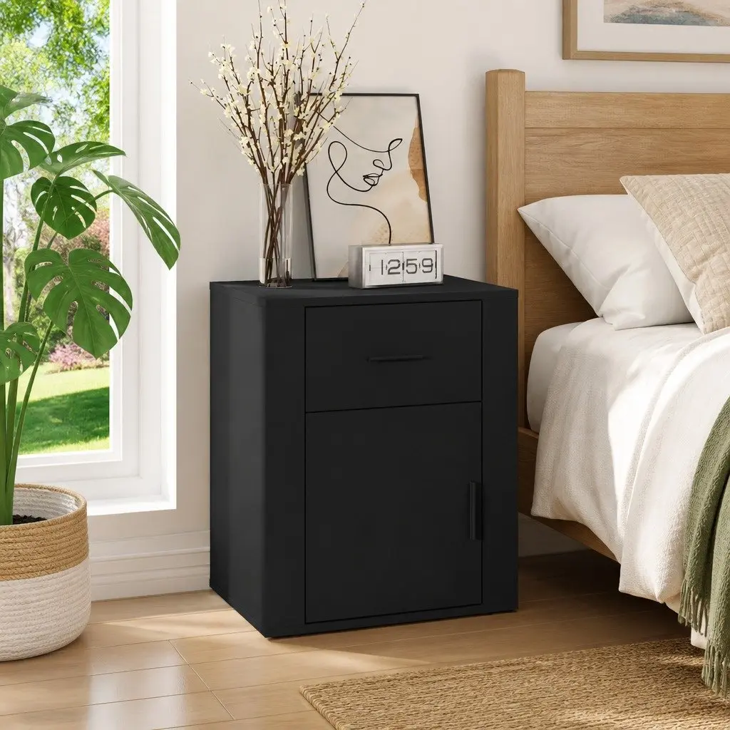 Bedside Cabinet Black 50x36x60cm Engineered Wood Nightstand Storage Drawer Door Compartment