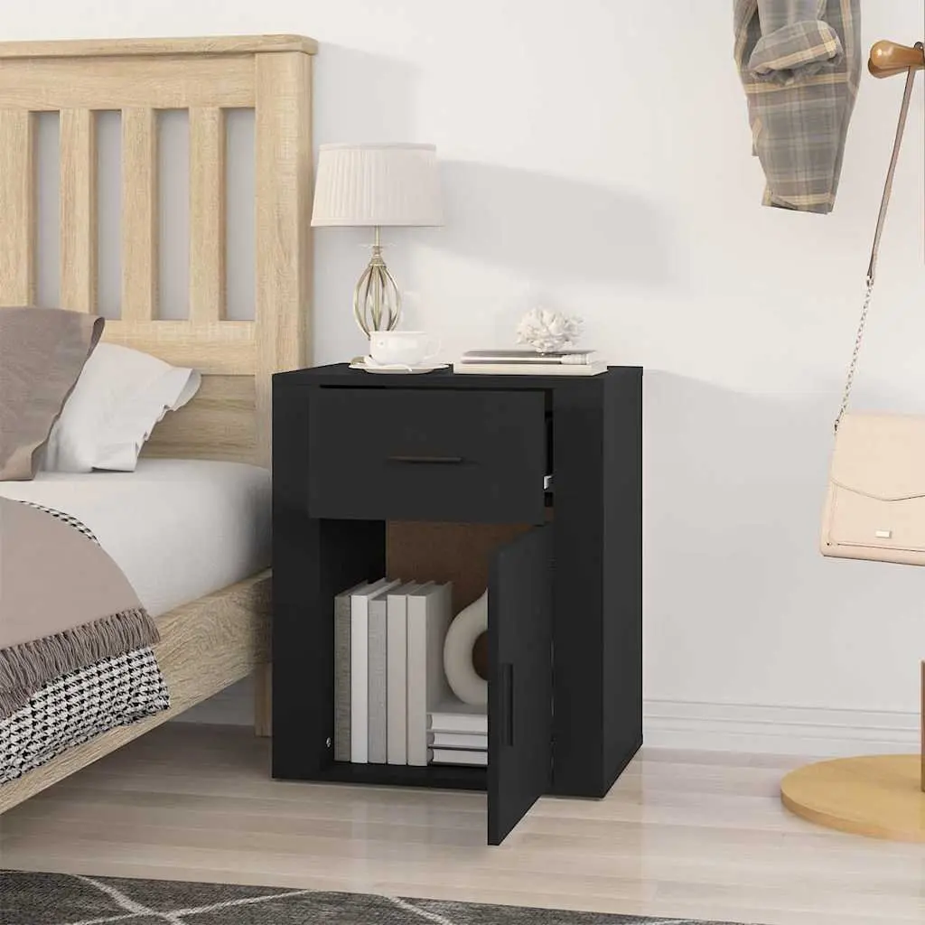 Bedside Cabinet Black 50x36x60cm Engineered Wood Nightstand Storage Drawer Door Compartment