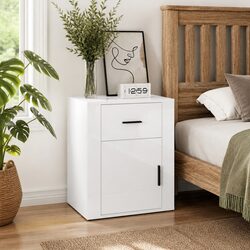 High Gloss White Nightstand with Storage Drawer and Door