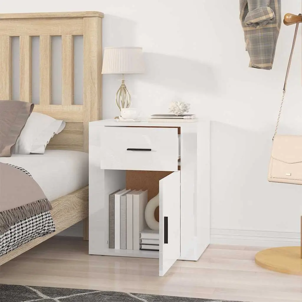 Bedside Cabinet High Gloss White 50x36x60 cm Engineered Wood Nightstand Side Table with Drawer