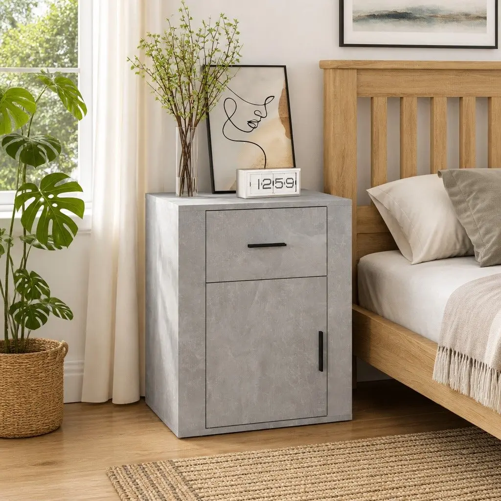 Grey Nightstand Bedside Cabinet Storage Compartment Drawer Engineered Wood 50x36x60cm