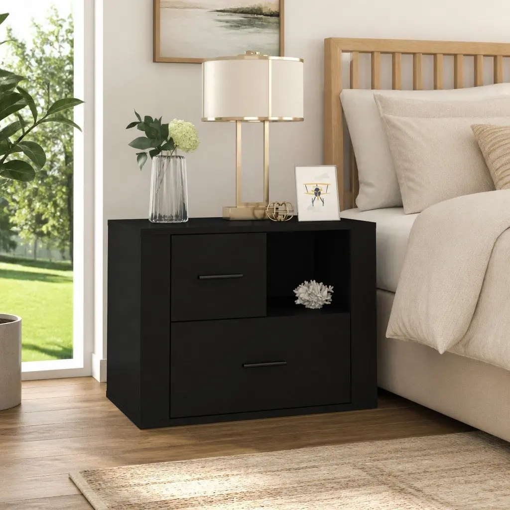 Bedside Cabinet Black 60x36x45cm Engineered Wood Nightstand with 2 Drawers and 1 Compartment