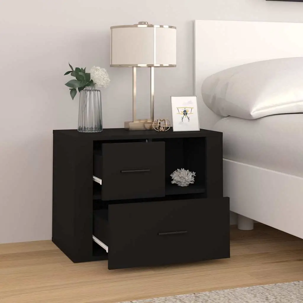 Bedside Cabinet Black 60x36x45cm Engineered Wood Nightstand with 2 Drawers and 1 Compartment