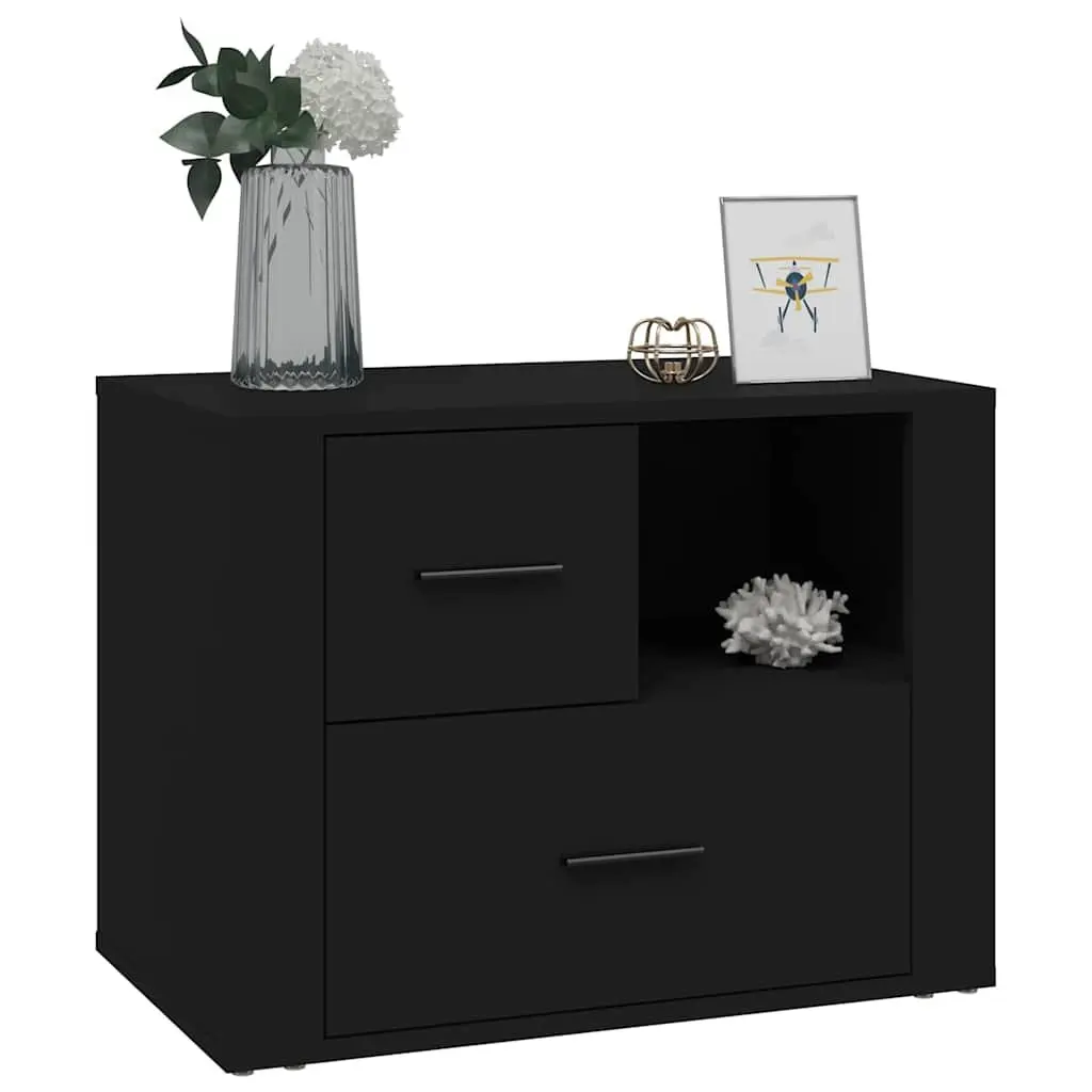 Bedside Cabinet Black 60x36x45cm Engineered Wood Nightstand with 2 Drawers and 1 Compartment