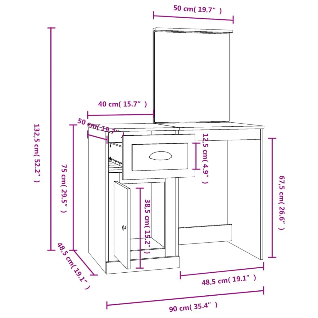 White Bedroom Vanity Unit with Mirror 90x50cm