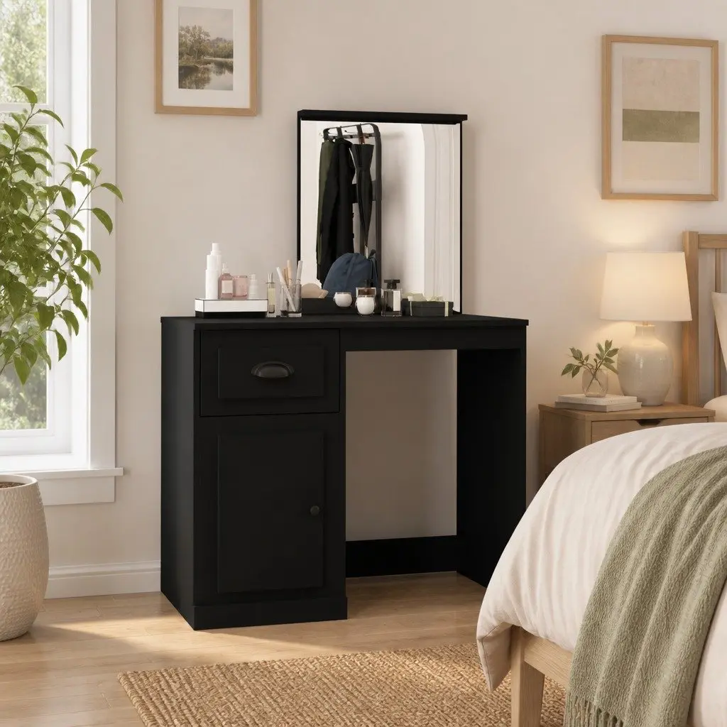 Dressing Table with Mirror Black Bedroom Vanity Unit Storage Engineered Wood