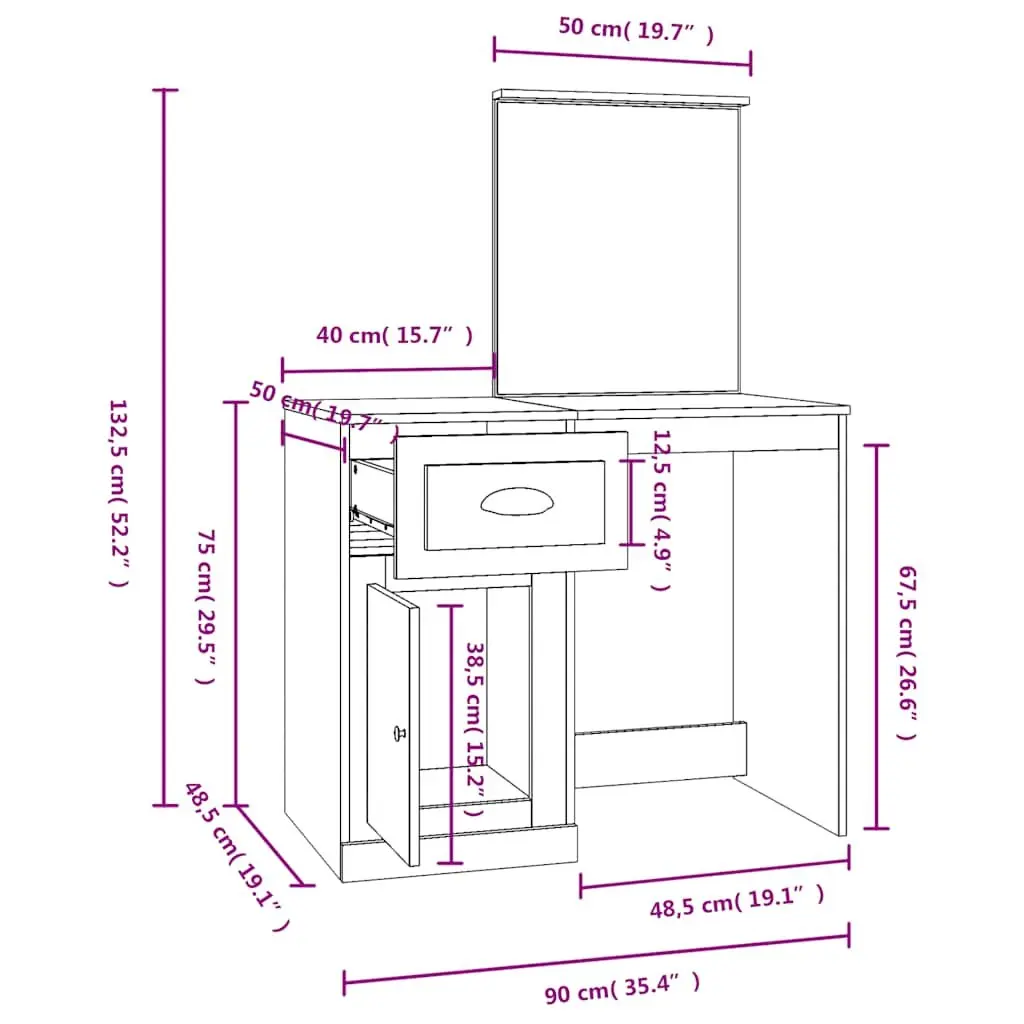 Dressing Table with Mirror Bedroom Vanity Unit Storage Brown Engineered Wood
