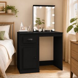 Stylish Black Dressing Table with LED Mirror and Storage