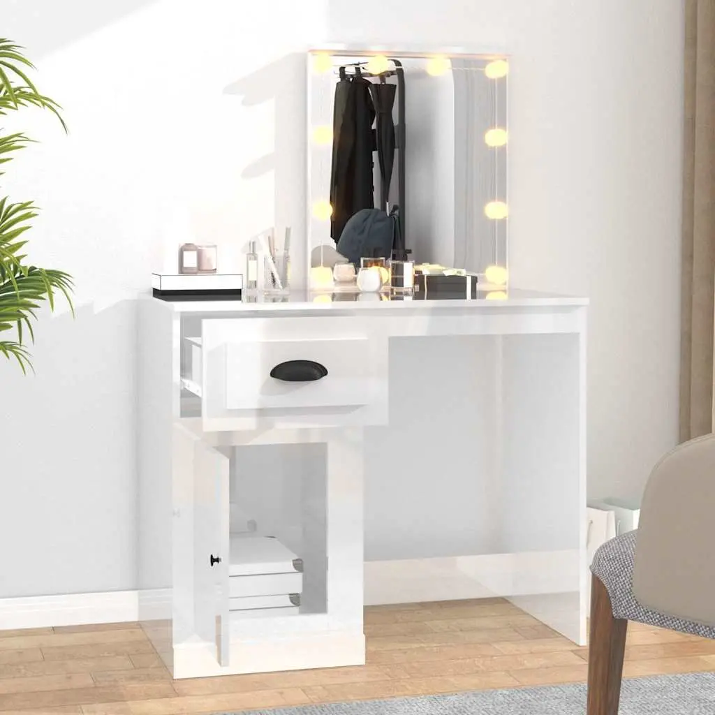White High Gloss Vanity Makeup Desk with LED Mirror