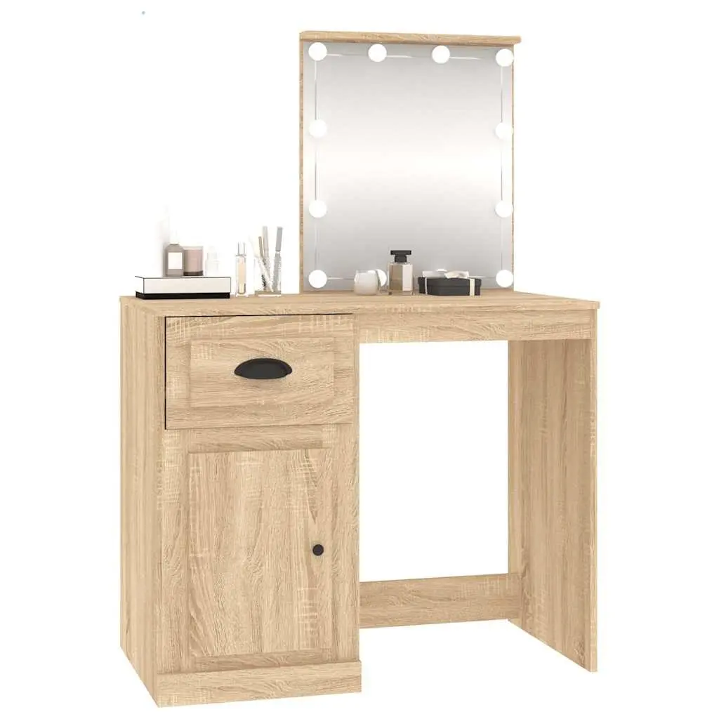 Dressing Table LED Mirror Vanity Brown Bedroom Makeup Desk Storage 90x50x132.5cm