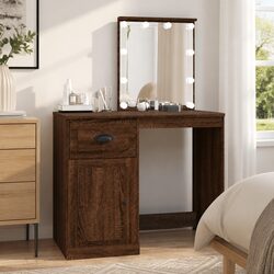 Brown Oak Vanity Makeup Desk with LED Mirror