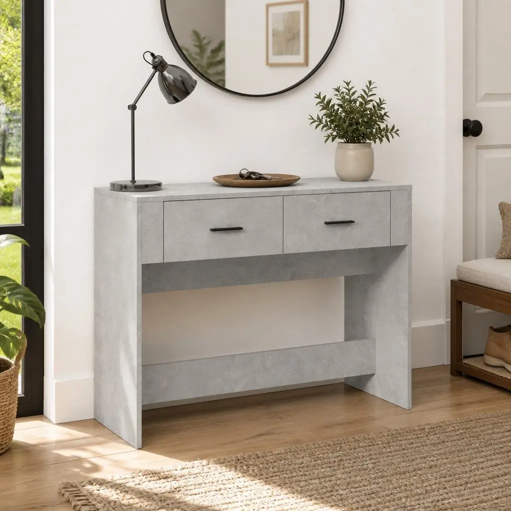 Console Table Grey Engineered Wood 100cm with 2 Drawers