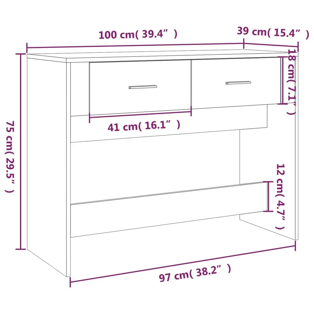 Console Table Grey Engineered Wood 100cm with 2 Drawers