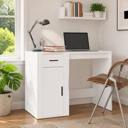 Elegant White Office Desk with Storage Drawer and Cabinet