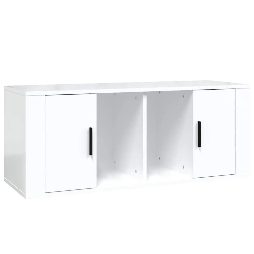 TV Cabinet High Gloss White 100cm Engineered Wood Media Storage Unit 4 Compartments