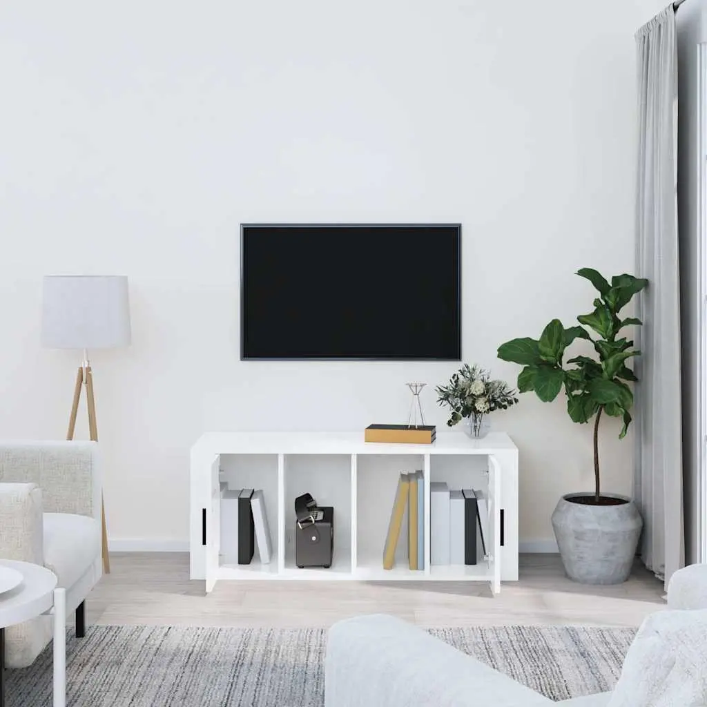 TV Cabinet High Gloss White 100cm Engineered Wood Media Storage Unit 4 Compartments