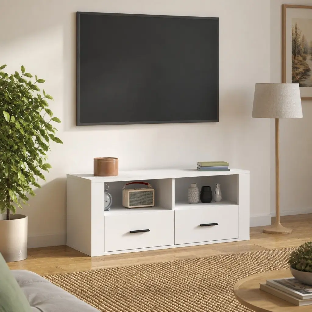 TV Cabinet White 100x35x40 cm Engineered Wood Media Storage Unit with Drawers and Compartments