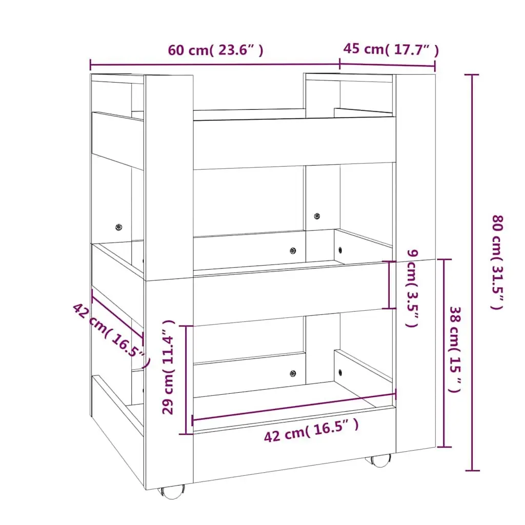 Kitchen Cart Engineered Wood 3-Shelf White Mobile Trolley 60x45x80 cm