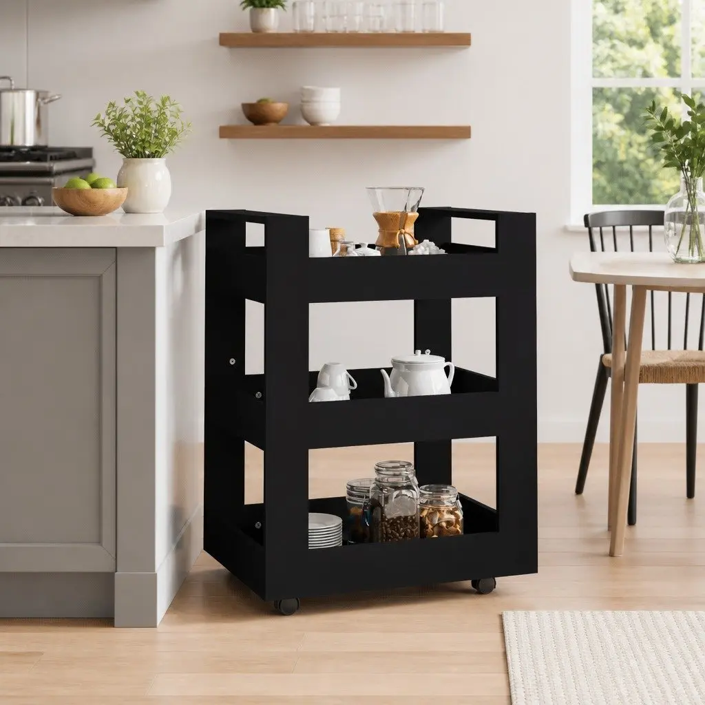 Kitchen Trolley 60x45x80 cm 3 Shelf Storage Cart with Wheels Black