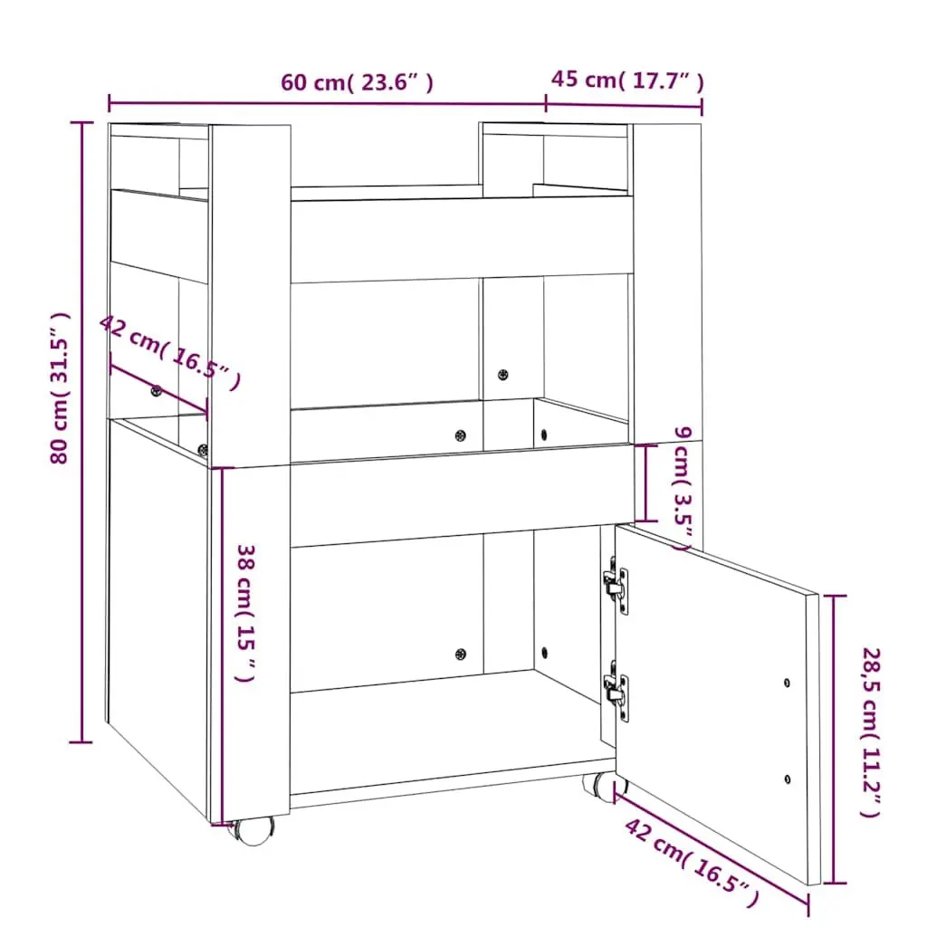 White Kitchen Trolley Storage Organizer with Wheels 60x45x80 cm