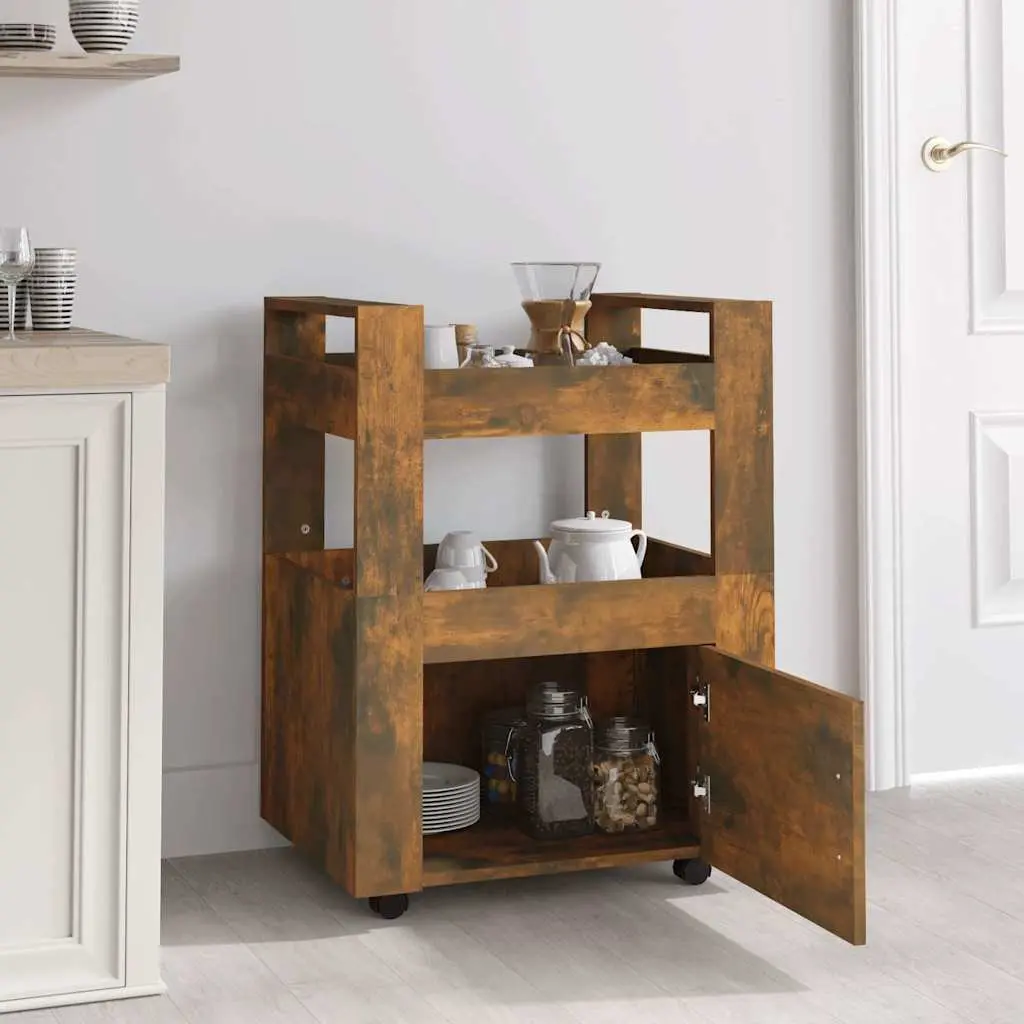 Kitchen Trolley Brown Engineered Wood 2 Shelves Mobile Storage Cart