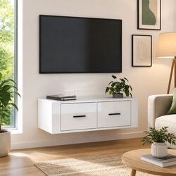 Wall-Mounted White TV Cabinet with Storage Drawers