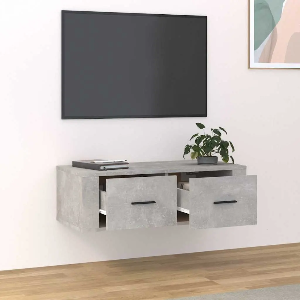 Hanging TV Cabinet Wall-Mounted Grey Engineered Wood Media Unit with 2 Storage Drawers