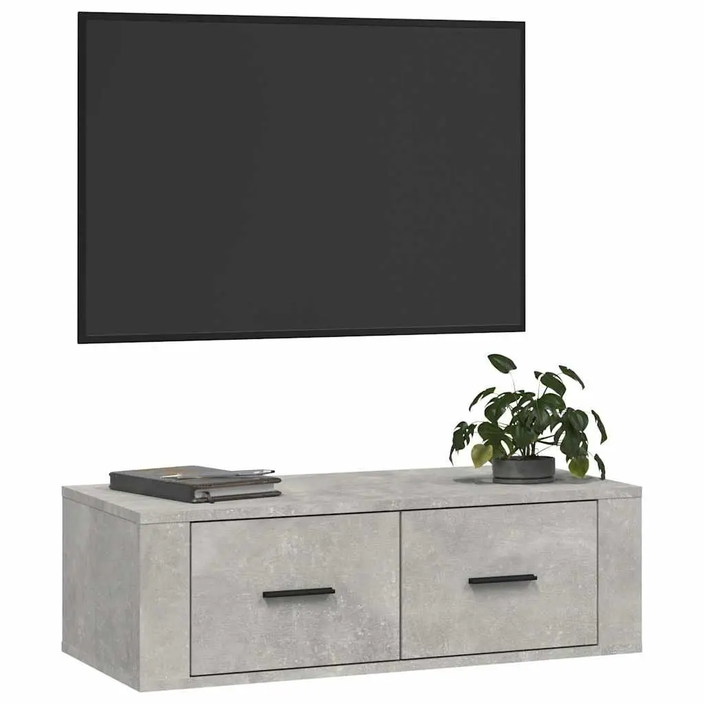Hanging TV Cabinet Wall-Mounted Grey Engineered Wood Media Unit with 2 Storage Drawers