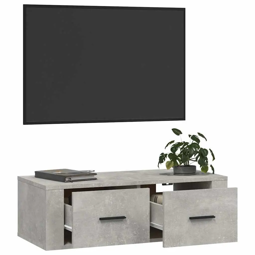 Hanging TV Cabinet Wall-Mounted Grey Engineered Wood Media Unit with 2 Storage Drawers