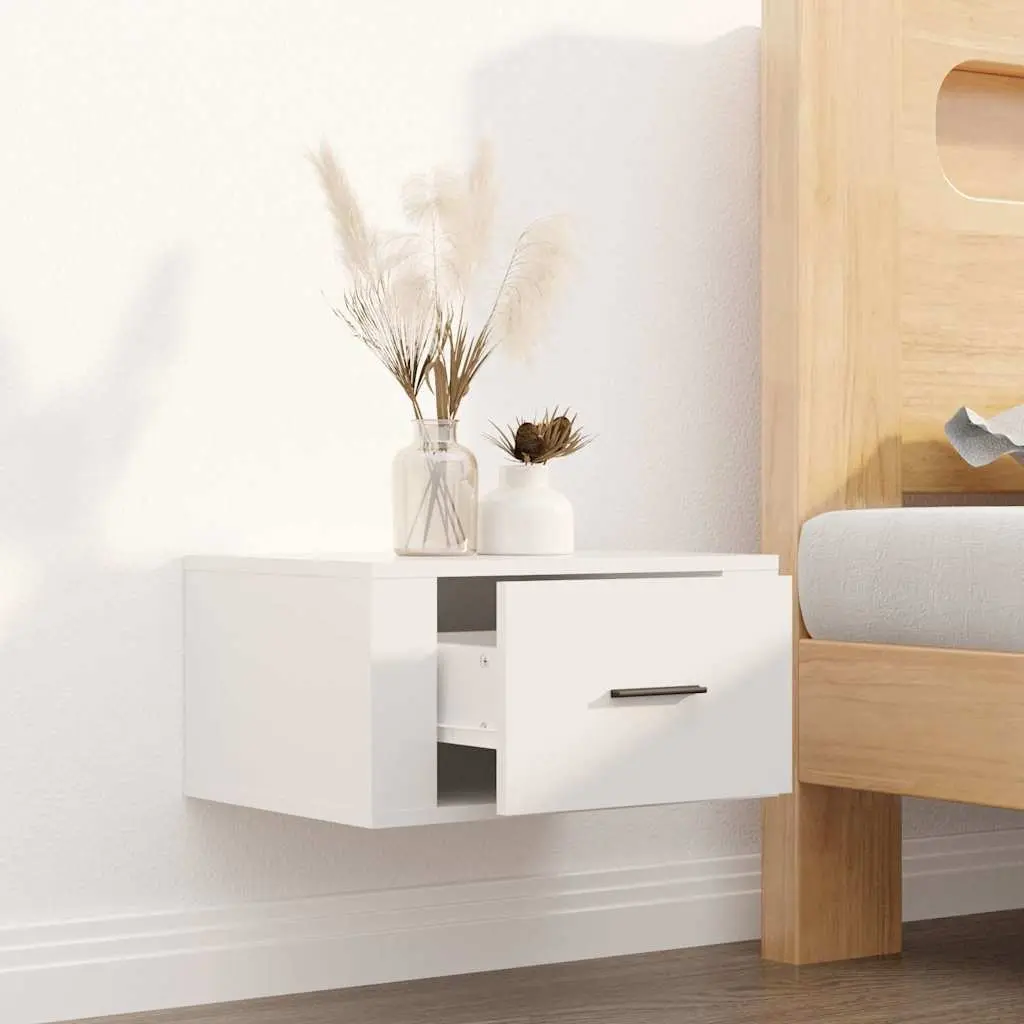 Wall-mounted Bedside Cabinet White High Gloss Floating Storage Engineered Wood 50 x 36 x 25 cm