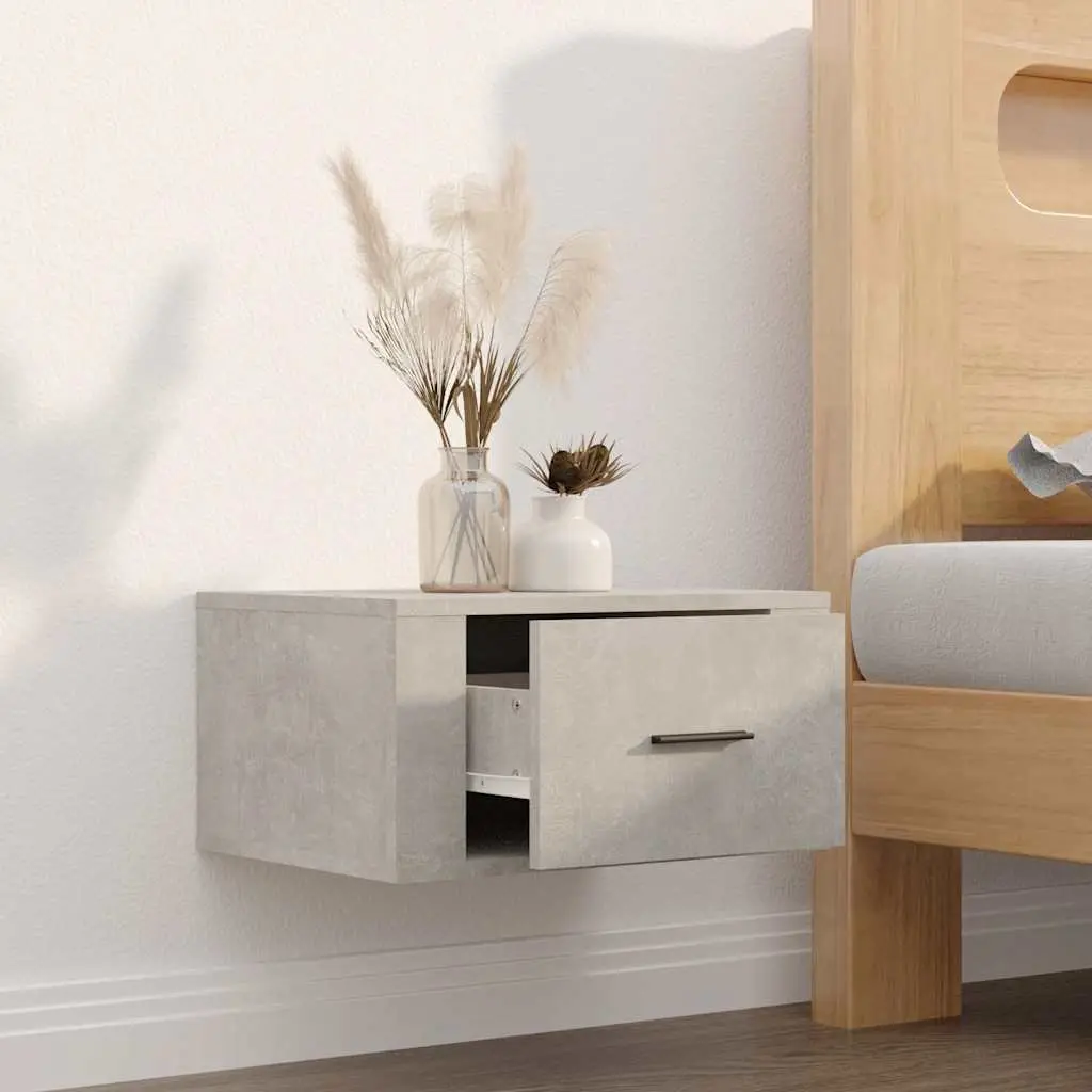 Wall-Mounted Bedside Cabinet Grey Floating Storage Unit Engineered Wood 50W x 36H x 25D cm