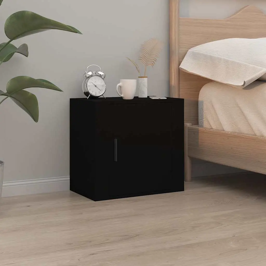 Wall-mounted Bedside Cabinet Black Floating Storage Organiser 2 Piece Engineered Wood