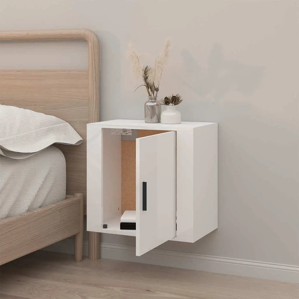 Wall-Mounted Bedside Cabinet White High Gloss Floating Storage Organiser Engineered Wood 50W x 30D x 47H cm