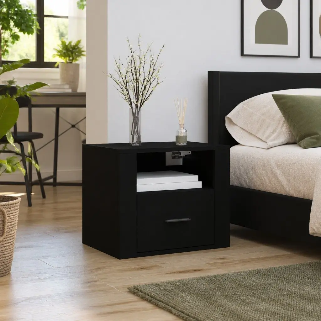Wall-mounted Bedside Cabinet Black Floating Storage Organiser Engineered Wood 50 x 36 x 40 cm