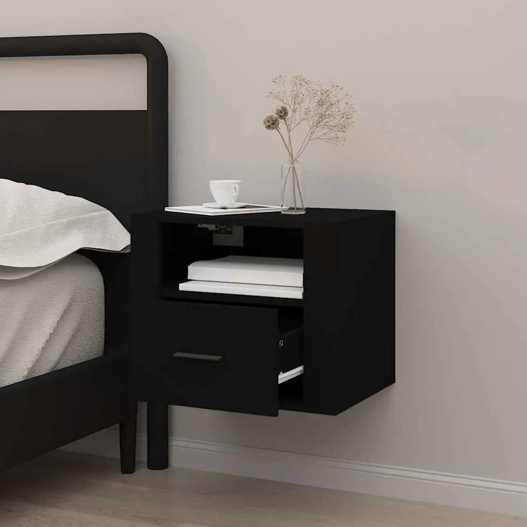 Wall-mounted Bedside Cabinet Black Floating Storage Organiser Engineered Wood 50 x 36 x 40 cm