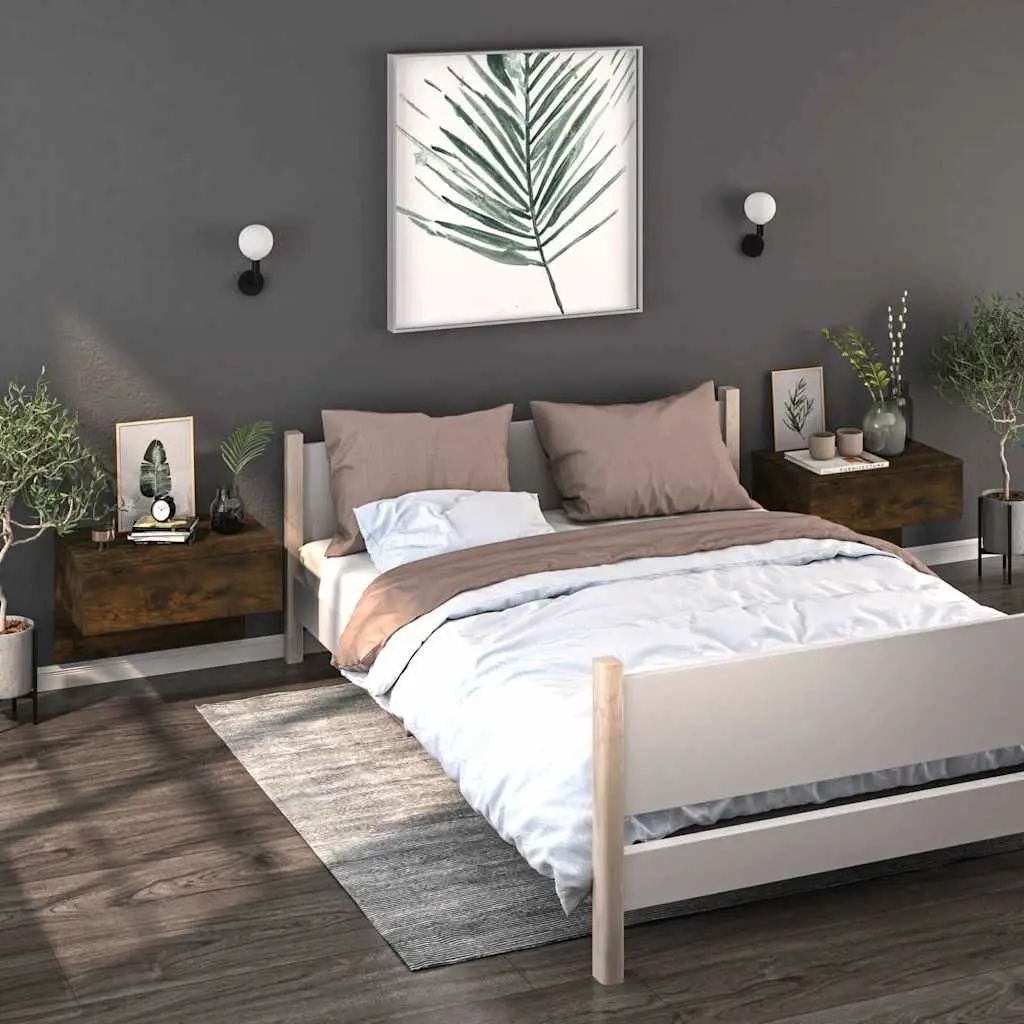 Wall-mounted Bedside Cabinet Smoked Oak Floating Storage Shelf Engineered Wood