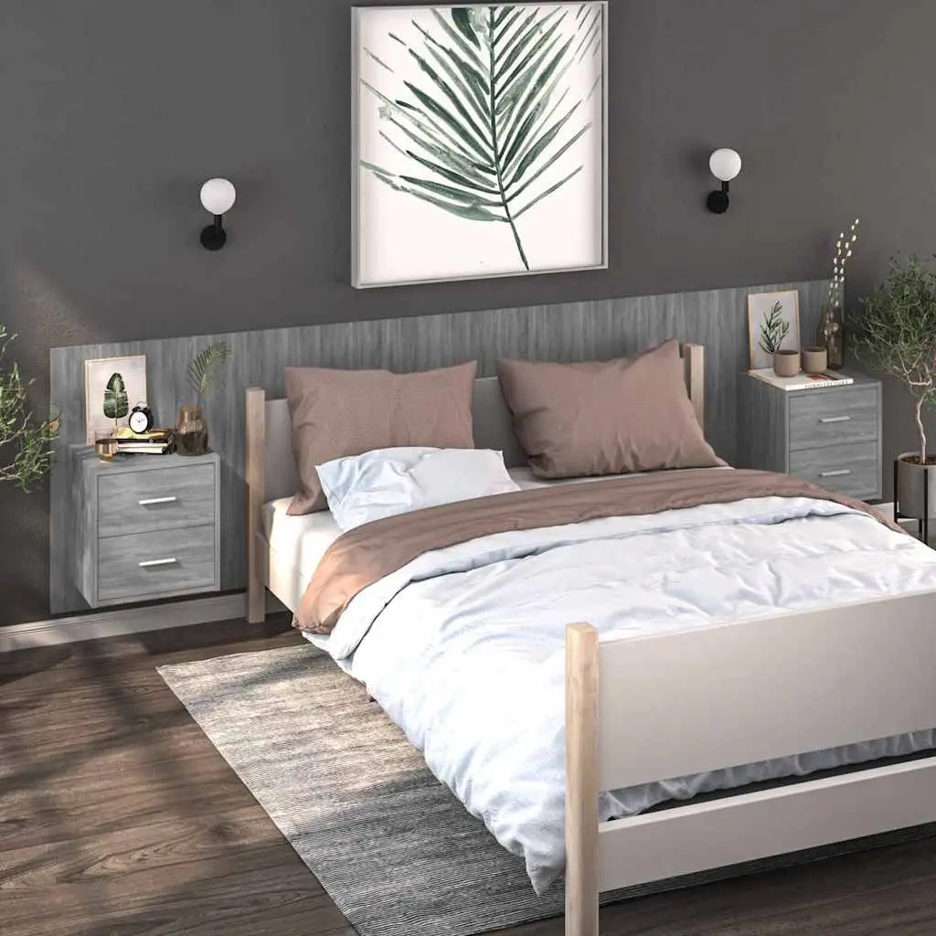 Wall-mounted Bedside Cabinet Grey Sonoma Floating Storage Unit Engineered Wood