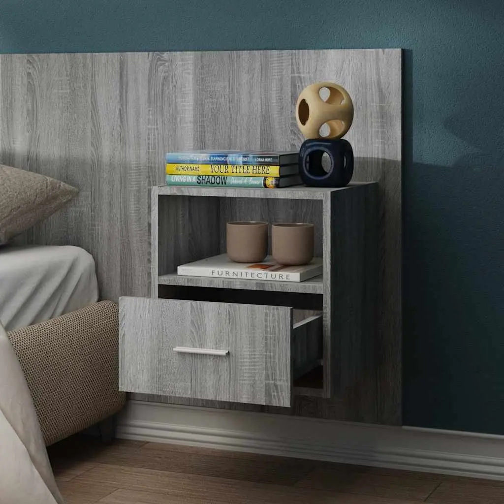 Wall-mounted Bedside Cabinet Grey Engineered Wood Floating Shelf Unit